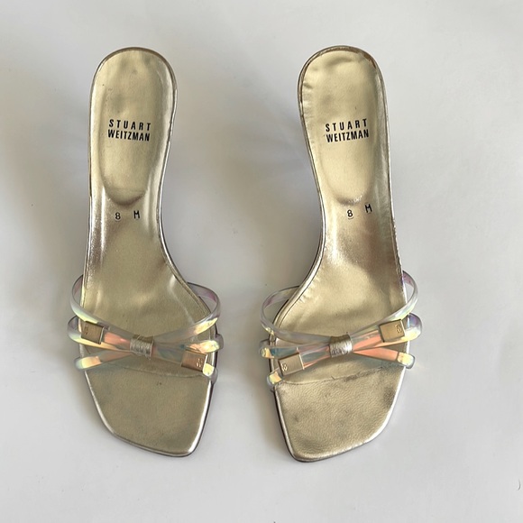 Stuart Weitzman Shoes - Stuart Weitzman Clear Strap Kitten Heel Slides Sandals Gold Size 8M